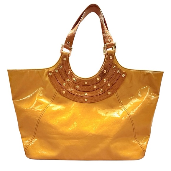 Tory Burch Brewster Yellow/Tan/Gold Coated Canvas/Leather Large Tote Bag $595 - Picture 1 of 16